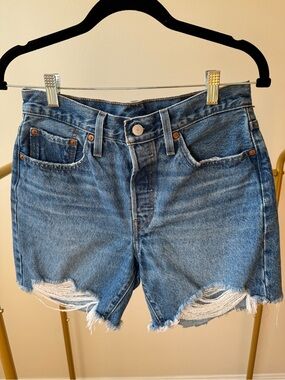 Levi's 501 Medium Blue Distressed Denim Shorts